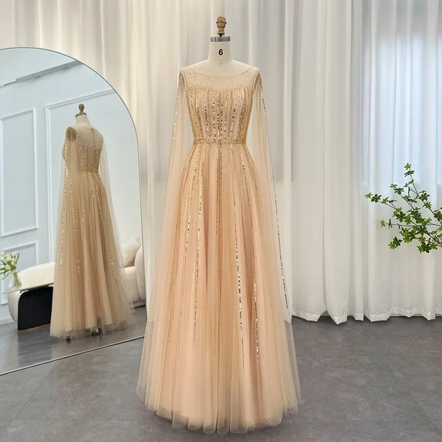 Celebrity Style For Sale Elegant Gold Evening Dress with Cape Sleeves SS217