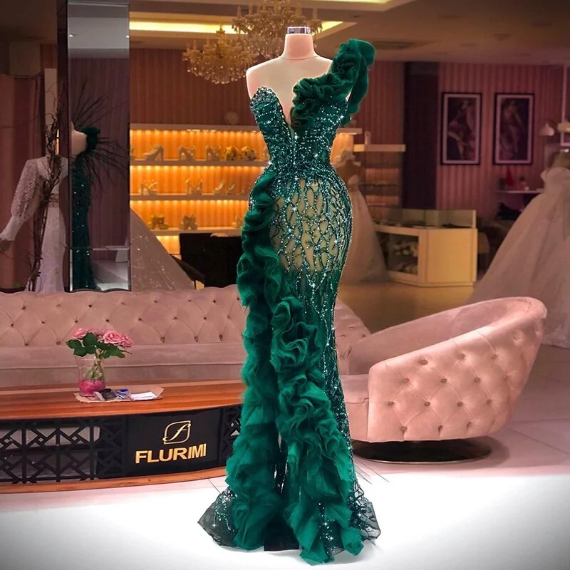 Exquisite Details For Sale Emerald Green One Shoulder Evening Dress SS484