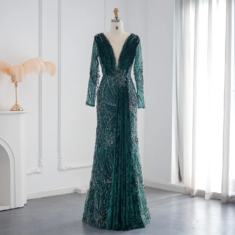 Lazy Home Luxury Emerald Green Long Sleeves Mermaid Evening Dress SS500