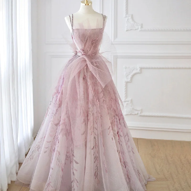Elegant Design Pink Tulle Spaghetti Straps Backless Evening Dress SS236