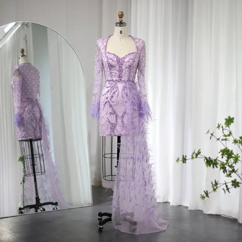 New Products For Sale Lilac Short Evening Dresses with Feathers OverSkirt SS355