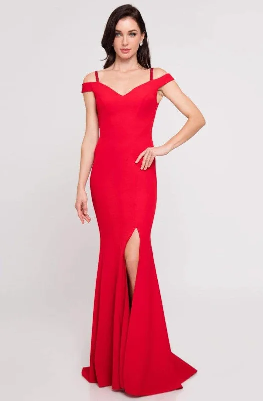 Retro Prints Terani Couture - 1813B5185 Sculpted Off Shoulder High Slit Sheath Gown
