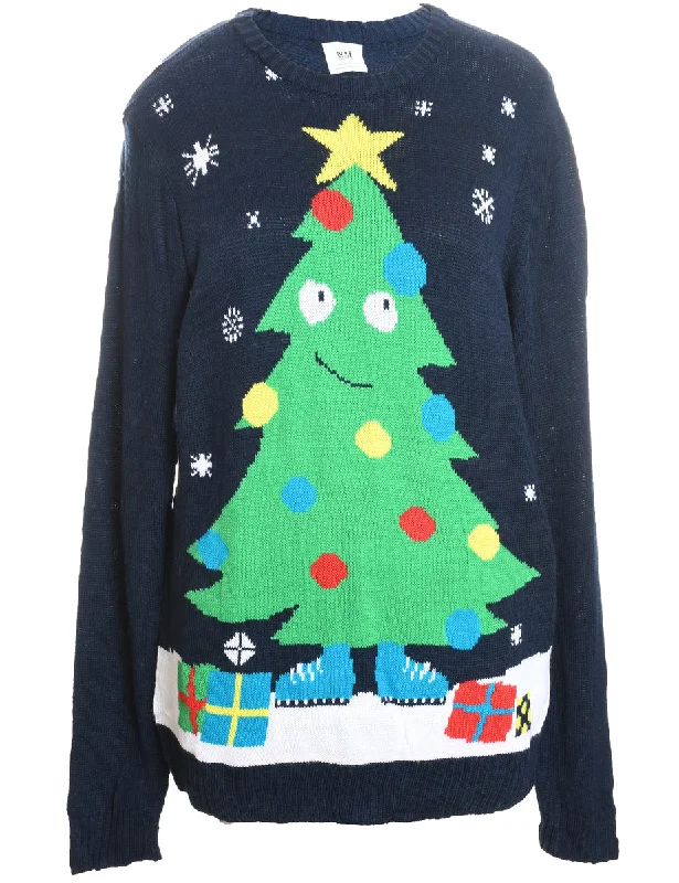 Stylish Apparel Christmas Tree Design Navy Christmas Jumper - XL