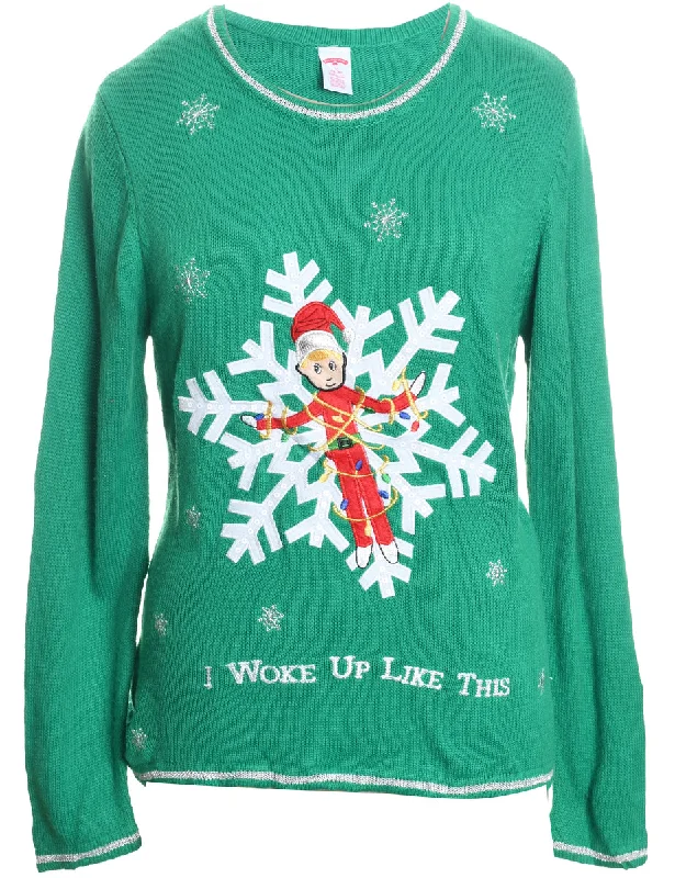 Street Style Festive Season Green Knit Christmas Jumper - L