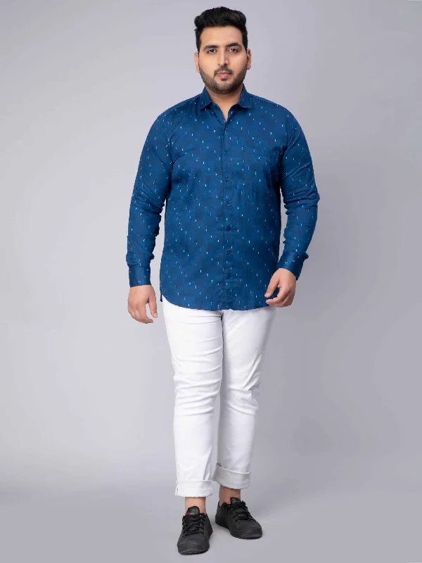 All-Purpose Wear Peacock Blue Square Printed Plus Size Shirt