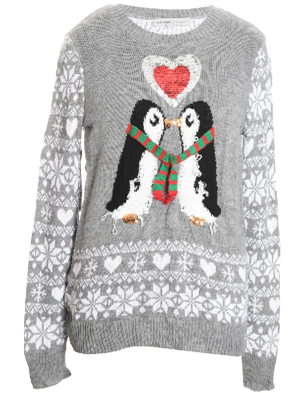 Comfortable Shoes Penquin Design Grey & White Knit Christmas Jumper - M