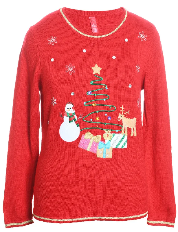 Everyday Wear Red Embroidered Knit Christmas Jumper - M