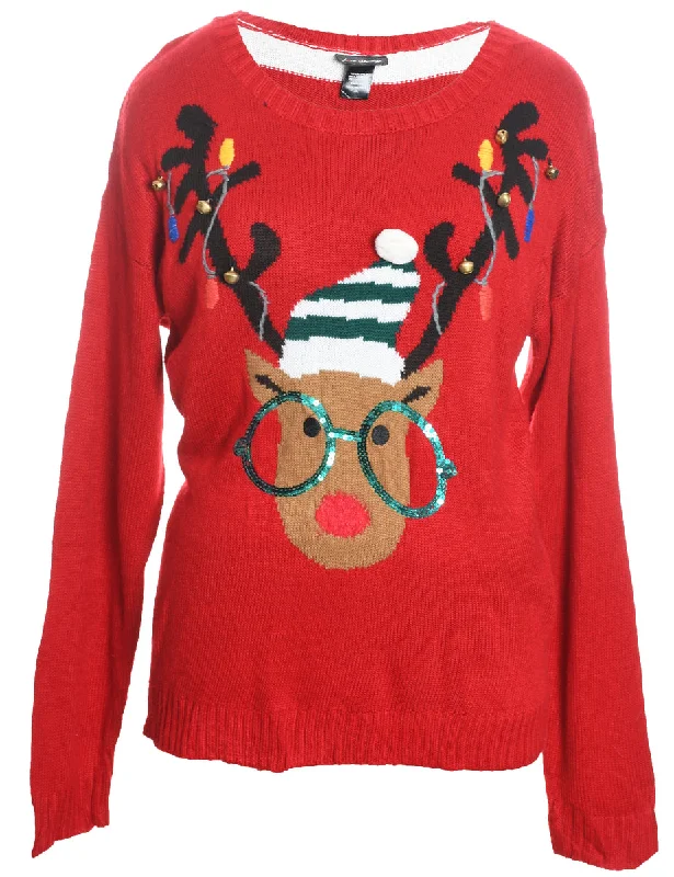 Wool Pants Reindeer Design Red & White Knit Christmas Jumper - XL