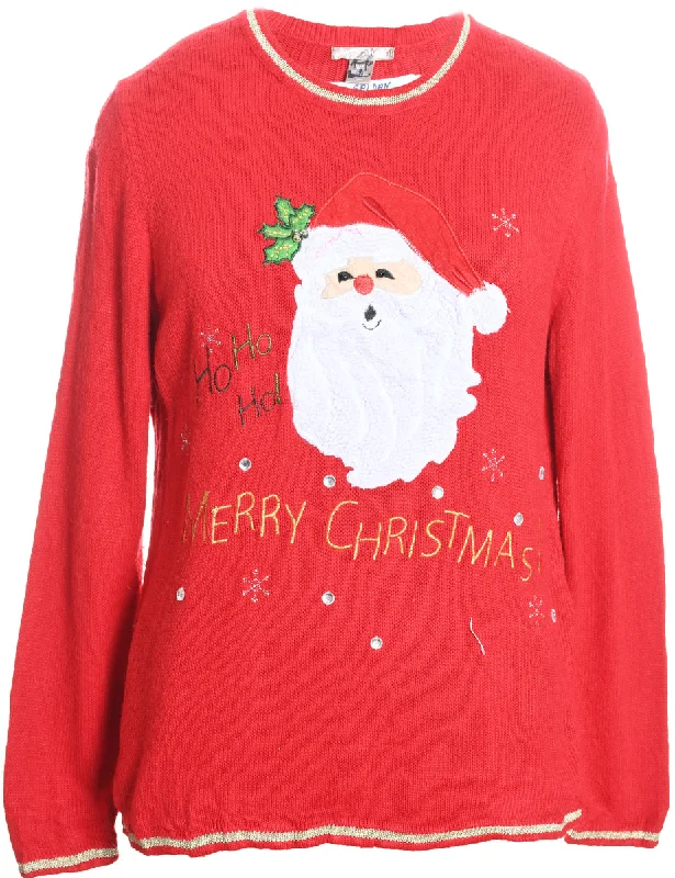 Simple Styles Santa Claus Design Red Embroidered Knit Christmas Jumper - XL