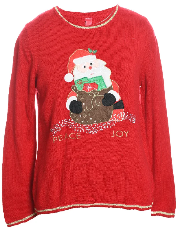 Sporty Chic Santa Claus Design Red Knit Christmas Jumper - M