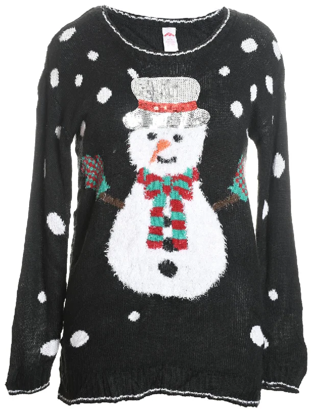 Modern Comfort Snowman Design Black Fluffy Knit Christmas Jumper - M