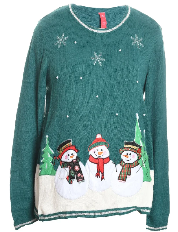 Easy Fashion Snowman Design Green Knit Embroidered Christmas Jumper - L