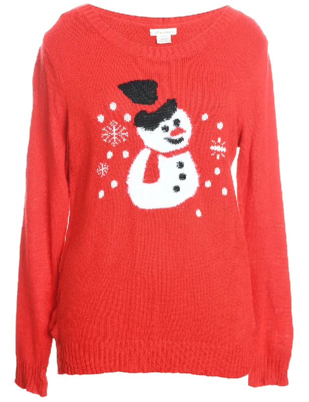 Stylish Sneakers Snowman Design Red Knit Christmas Jumper - L